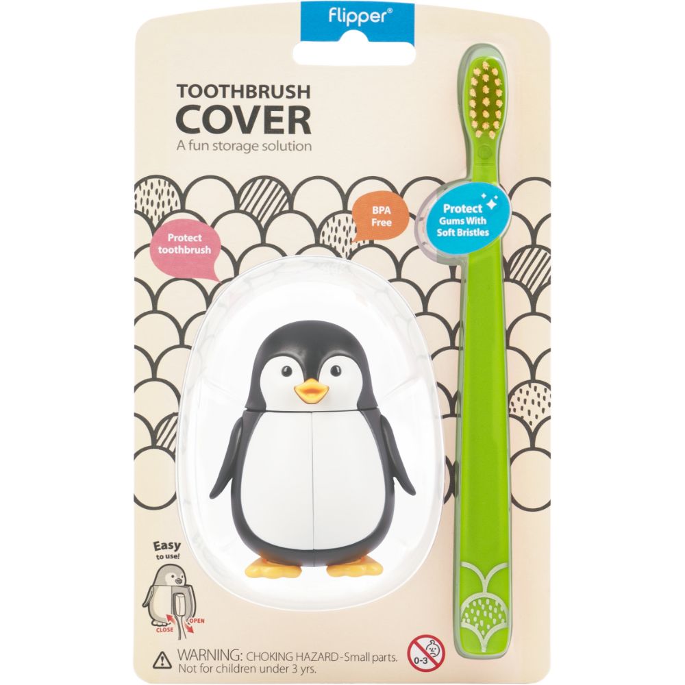 Flipper - Fun Animal Toothbrush With Holder for Kids - Penguin (Colour May Vary)