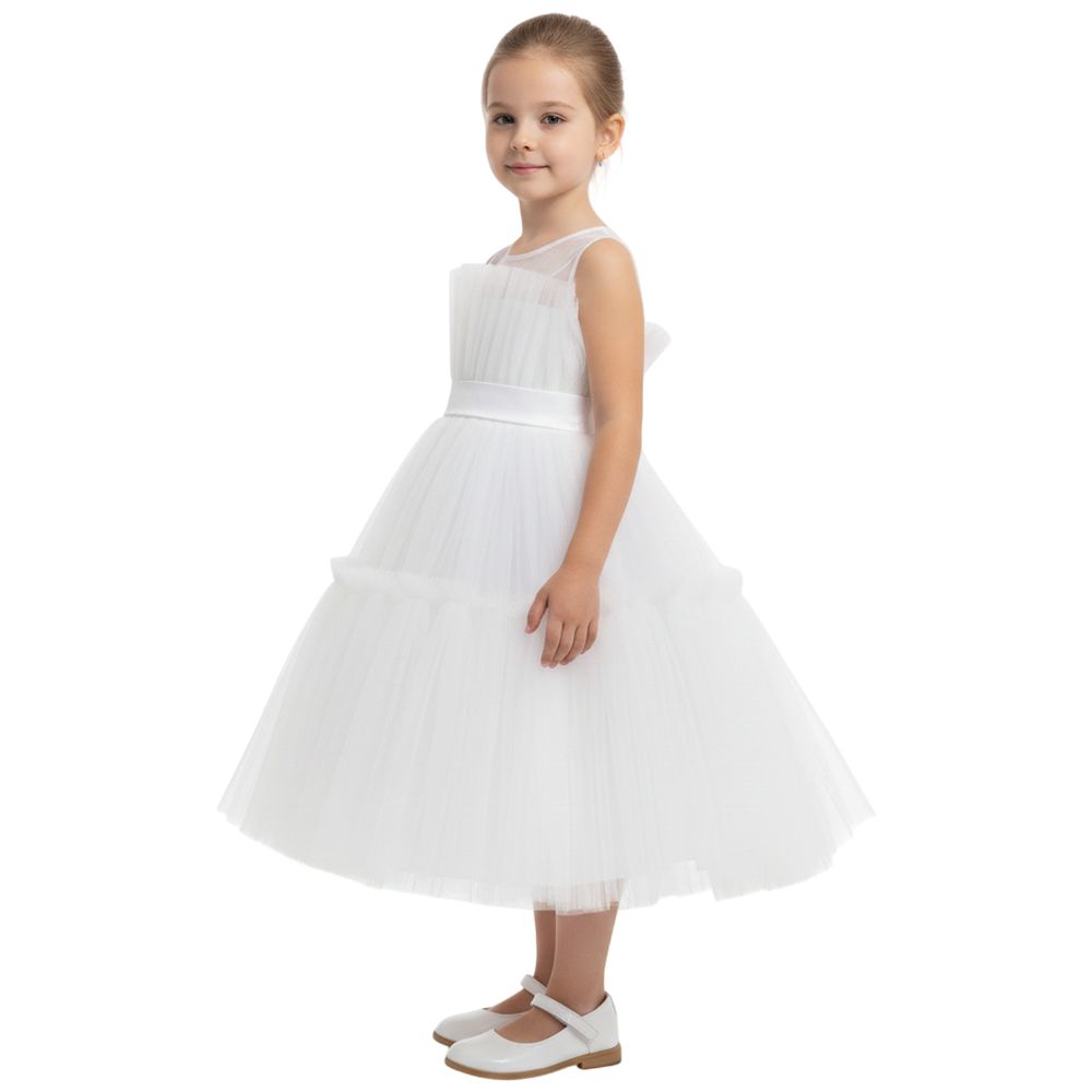 D' Daniela - Toddler Girls Bow Front Mesh Gown - White