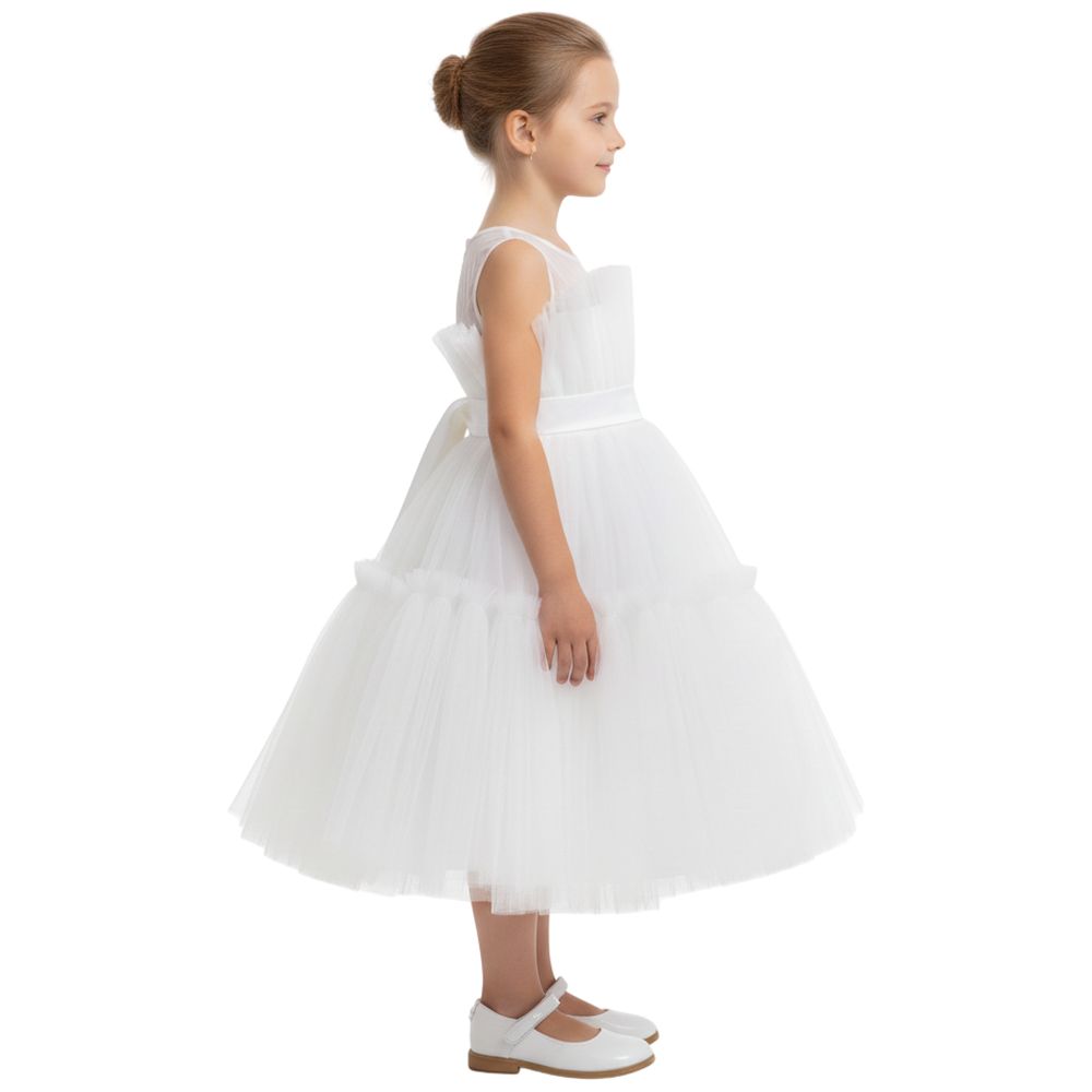 D' Daniela - Toddler Girls Bow Front Mesh Gown - White