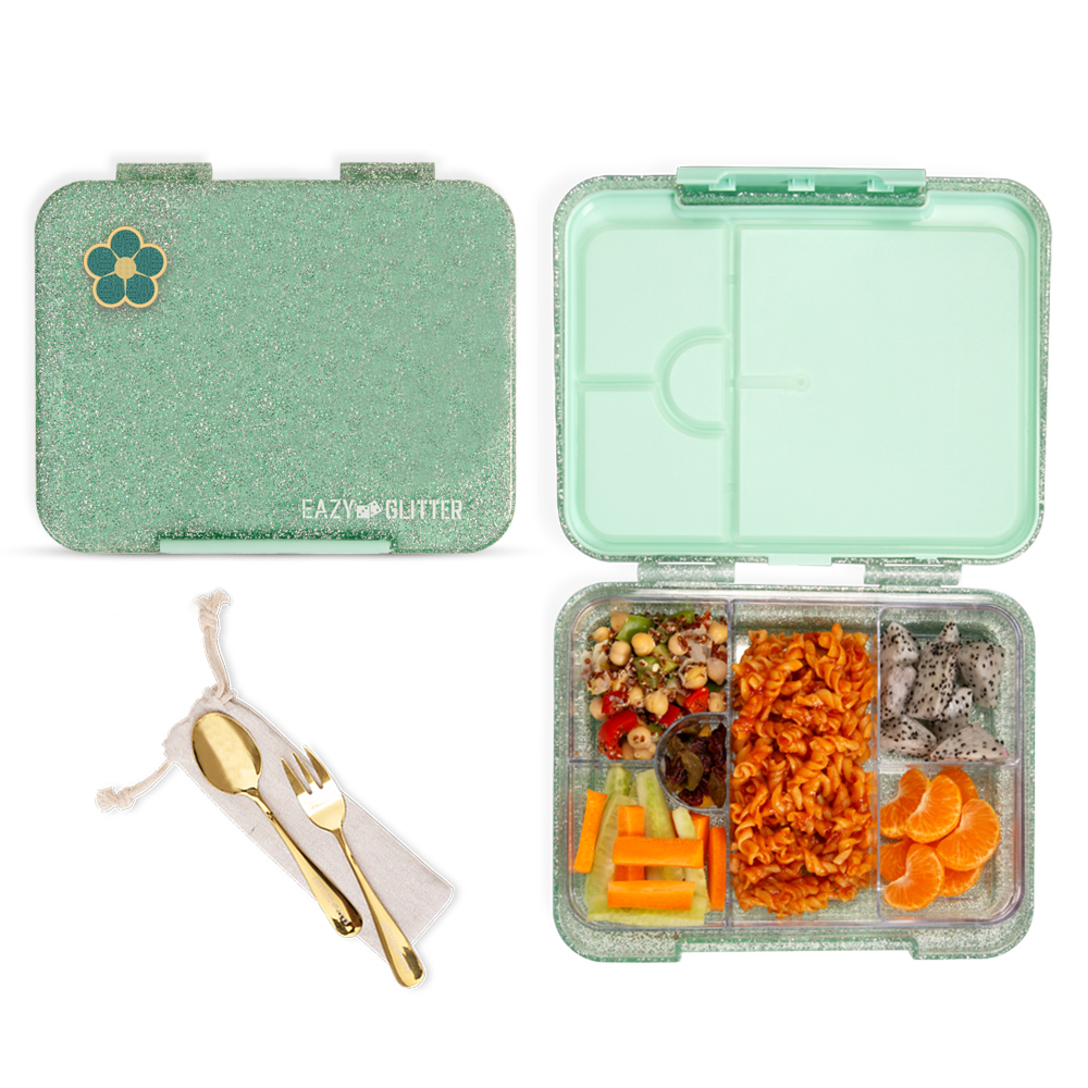 Eazy Kids - Convertible Bento Lunch Box with Cutlery Set - Glitter Green - 1 L
