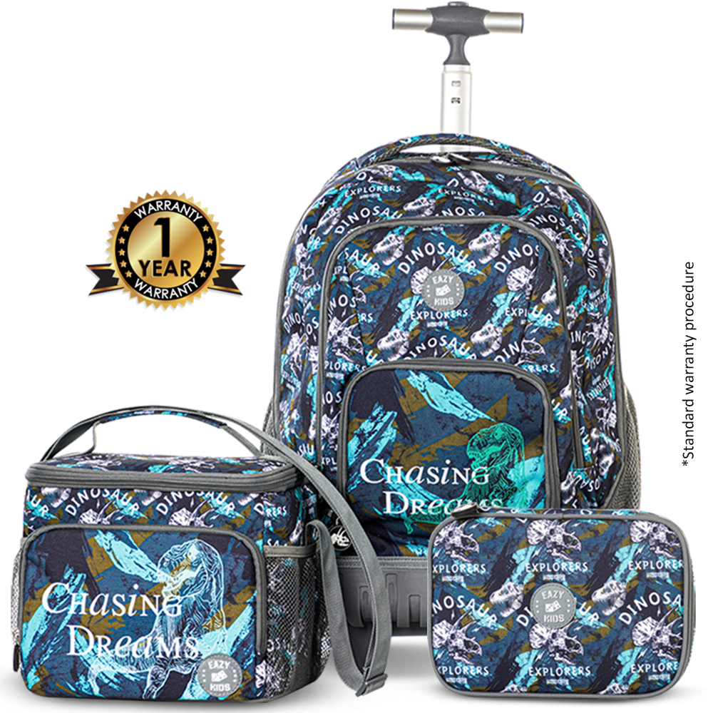 Eazy Kids - Trolley Backpack With Lunch & Pencil Bag T-Rex - 18-Inch/46cm