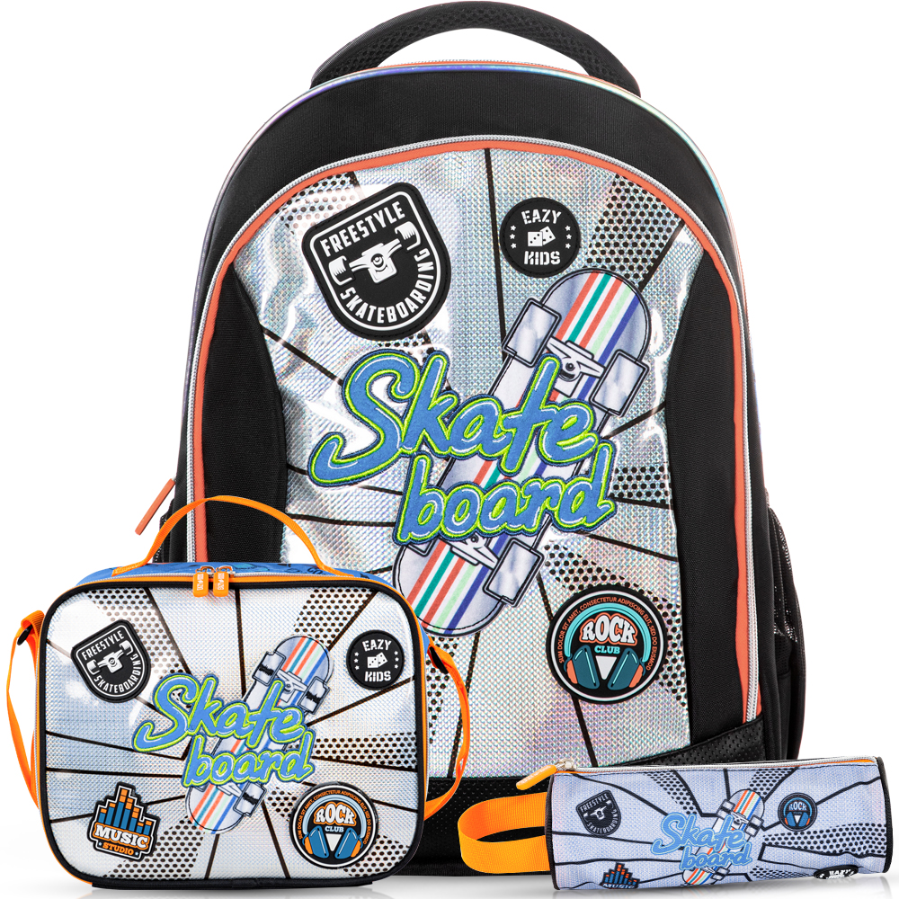 Eazy Kids - Backpack with Lunch Bag & Pencil Case - Skate Board - 17-Inch/43.5cm
