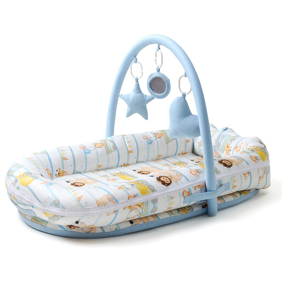 Fancy Fluff - Organic Baby Cocoon Play Gym - Joy Ride - Blue