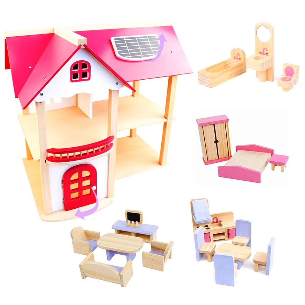 Little Learners - Autumn Villa Wooden Dollhouse With Furniture - Pack Of 44