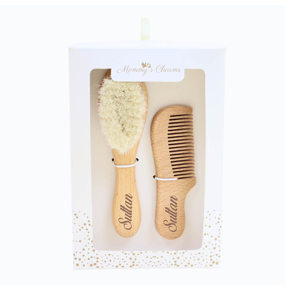Mommy's Charms - Personalized Natural Baby Wooden Hair Brush Set