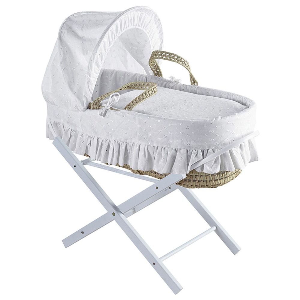 Kinder Valley Broderie White Palm Moses Basket with Stand