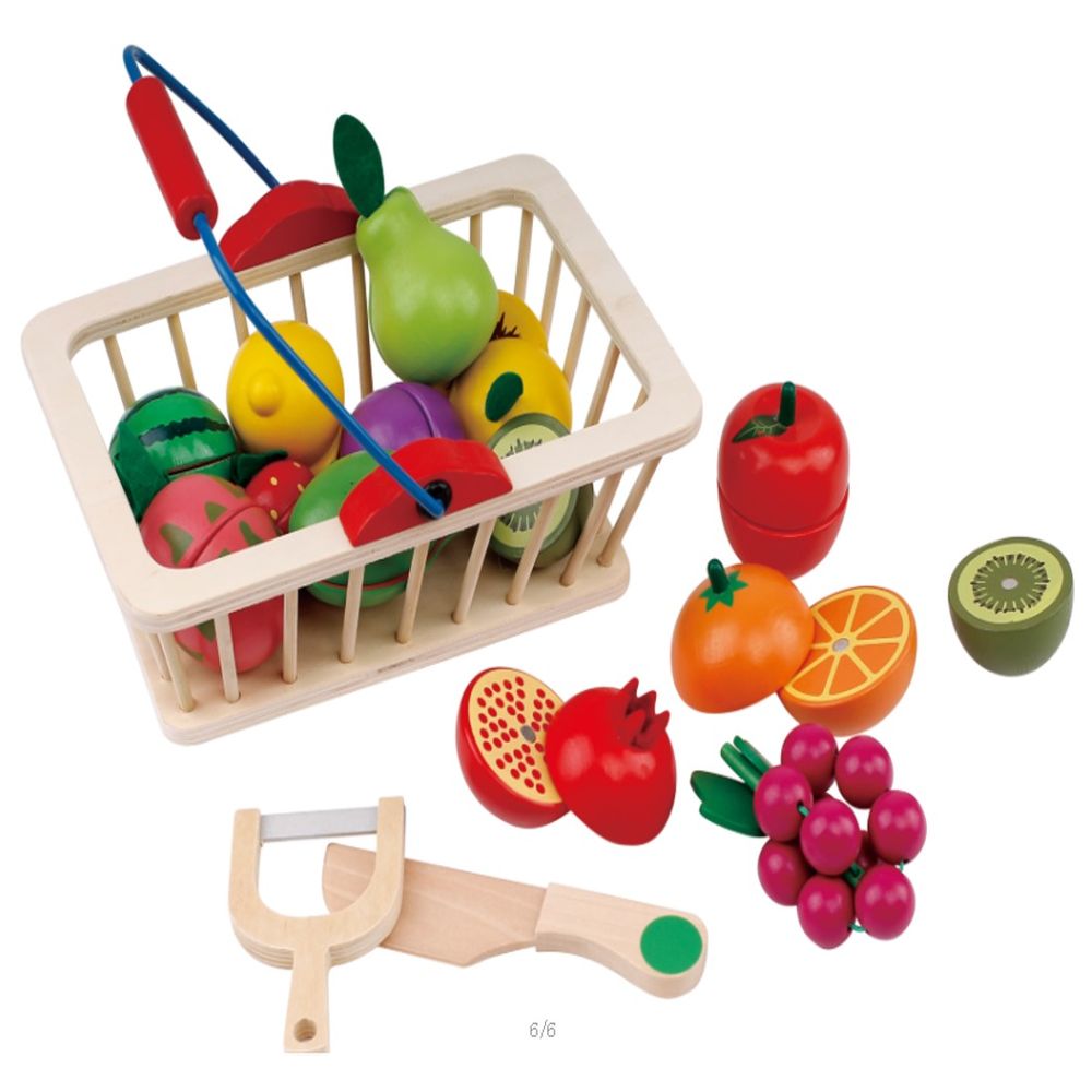 Little Angel Kids Wooden Toy Fruits & Vegetables In Basket Set