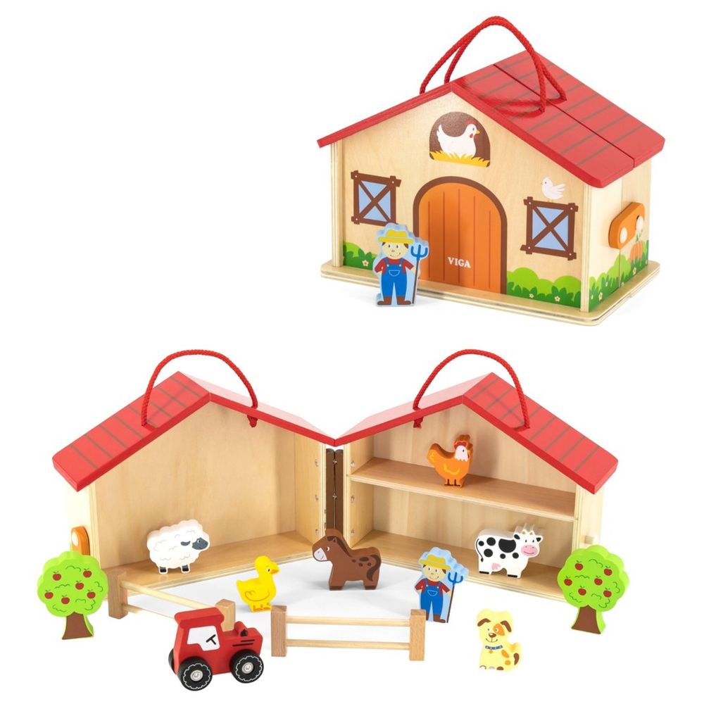 Viga - Farm Play Set in a Suitcase - 20pcs Farmhouse Barn Henhouse Tractor Animals
