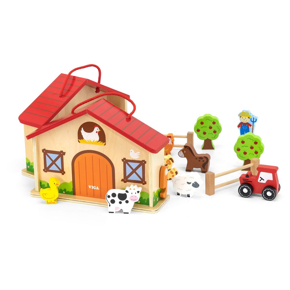 Viga - Farm Play Set in a Suitcase - 20pcs Farmhouse Barn Henhouse Tractor Animals