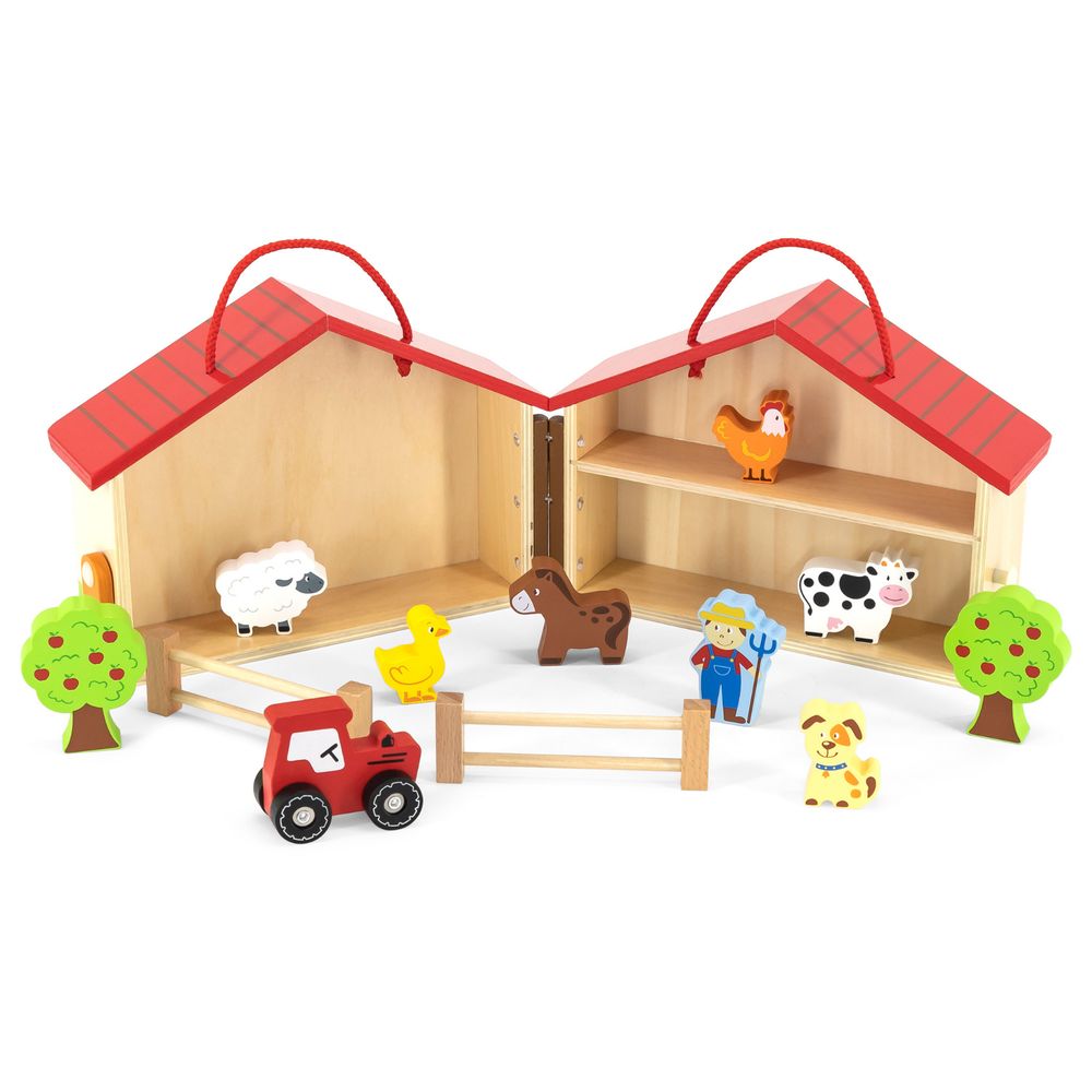 Viga - Farm Play Set in a Suitcase - 20pcs Farmhouse Barn Henhouse Tractor Animals