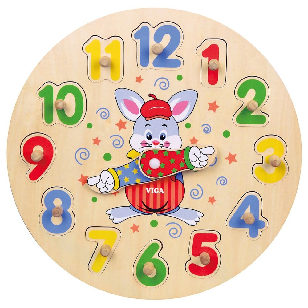 Viga - Clock Knob Puzzle Montessori Wooden Toy Develops Skills - 12pcs