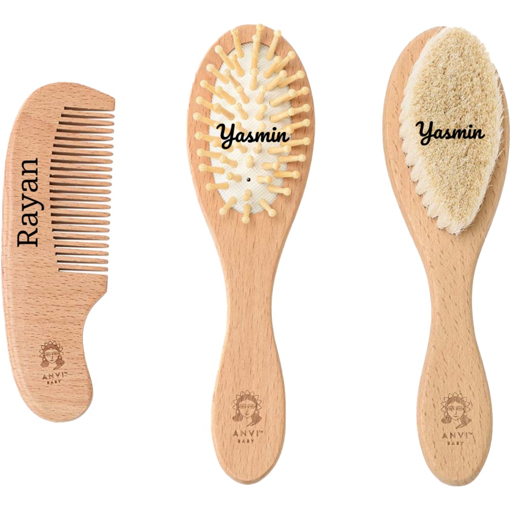 Anvi Baby - Personalized 100% Natural Baby Wooden Hair Brush - 3 Pc Set