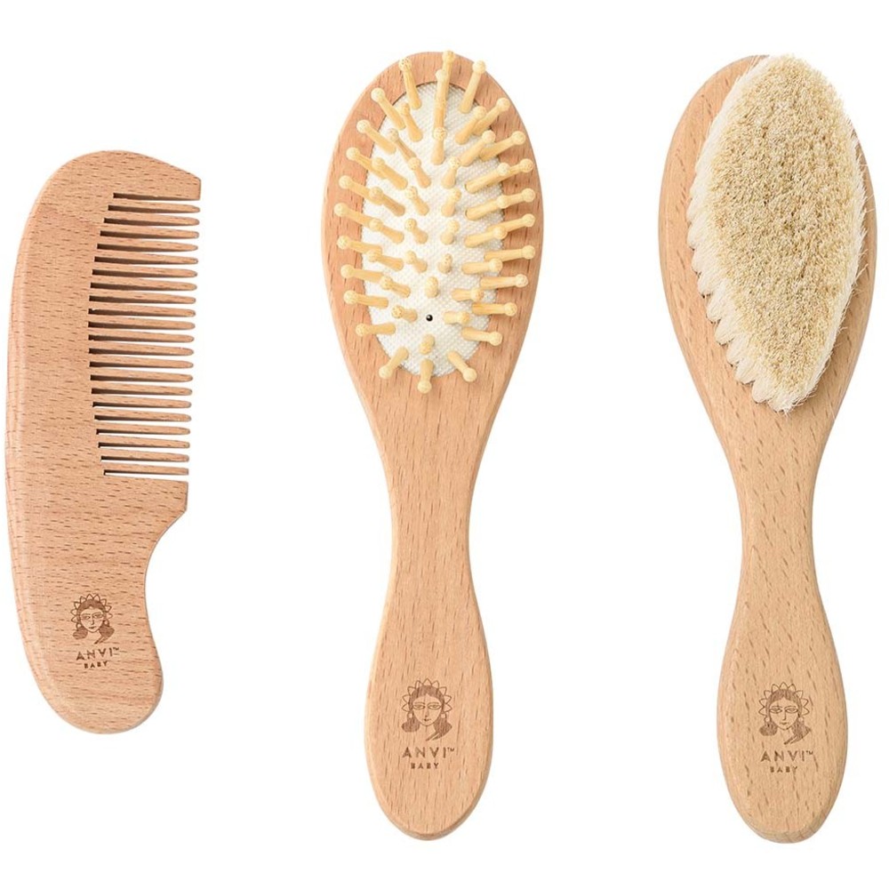 Anvi Baby - Personalized 100% Natural Baby Wooden Hair Brush - 3 Pc Set
