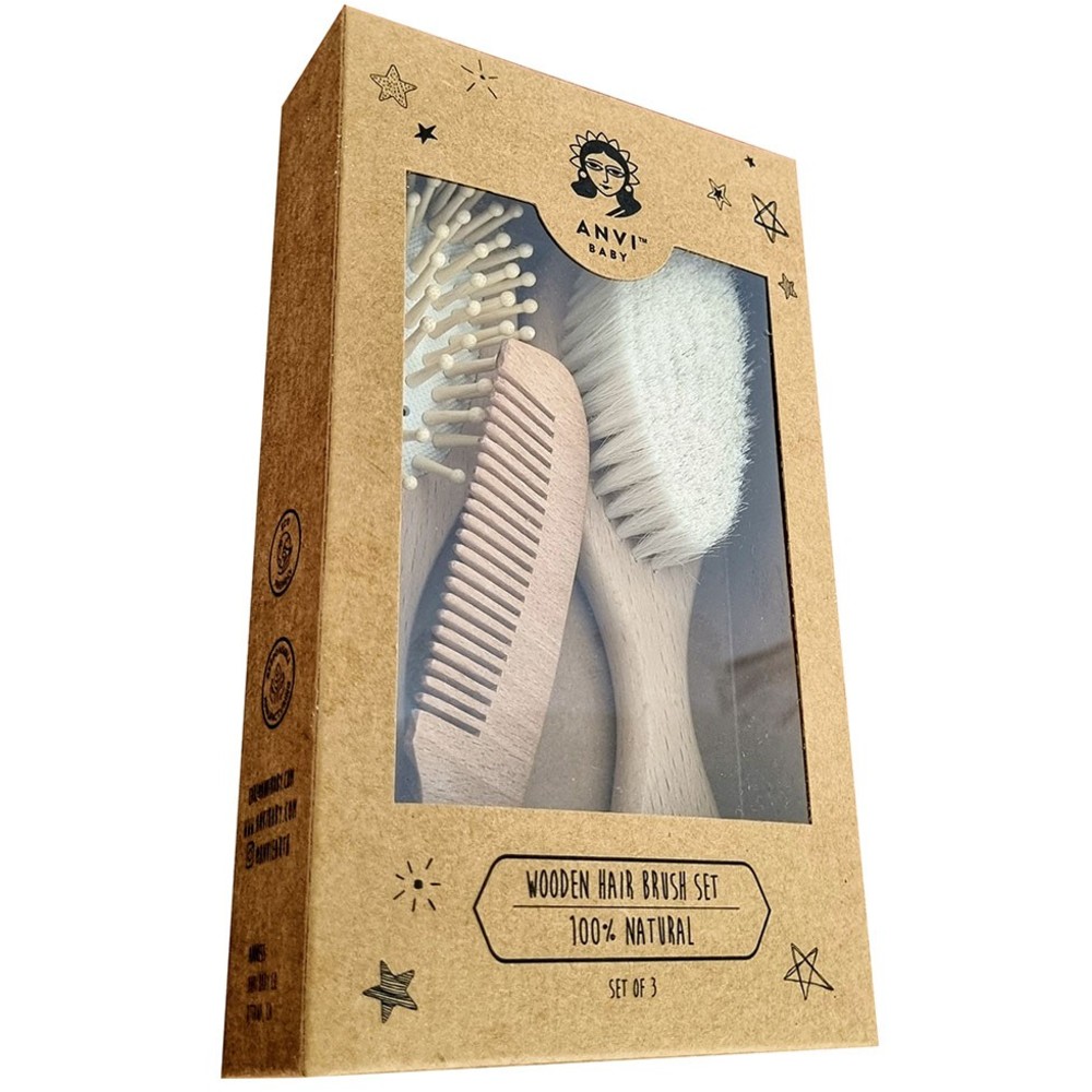 Anvi Baby - Personalized 100% Natural Baby Wooden Hair Brush - 3 Pc Set