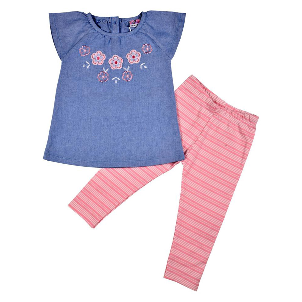 Smart Baby - 2pc-Set - Embroidered Top With Leggings - Denim/Peach