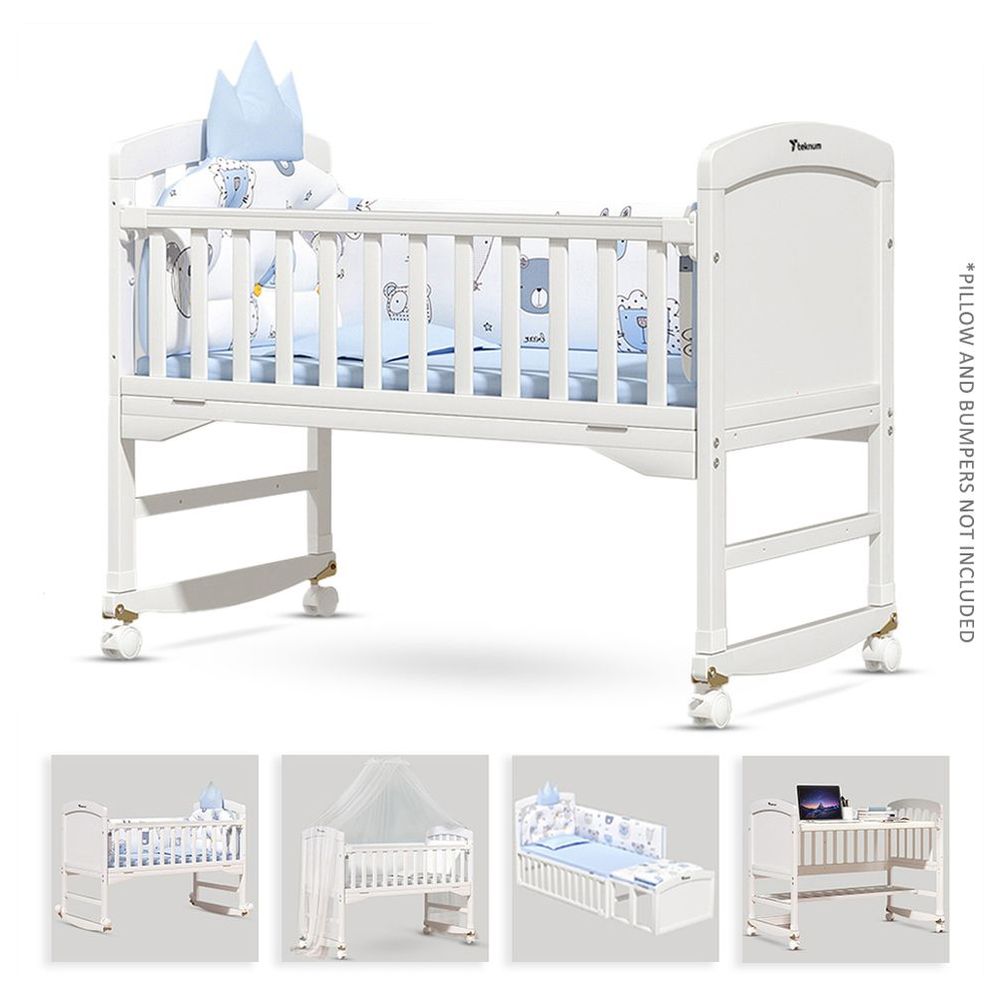 Teknum 7-in-1 Convertible Kids Bed & Bedside Crib with Mattress, Mosquito net & Detachable Wheels - White