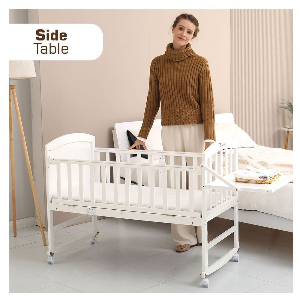 Teknum 7-in-1 Convertible Kids Bed & Bedside Crib with Mattress, Mosquito net & Detachable Wheels - White