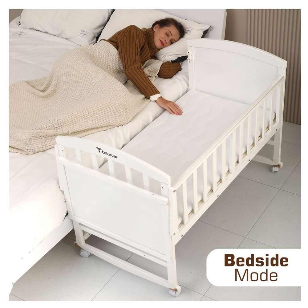 Teknum 7-in-1 Convertible Kids Bed & Bedside Crib with Mattress, Mosquito net & Detachable Wheels - White