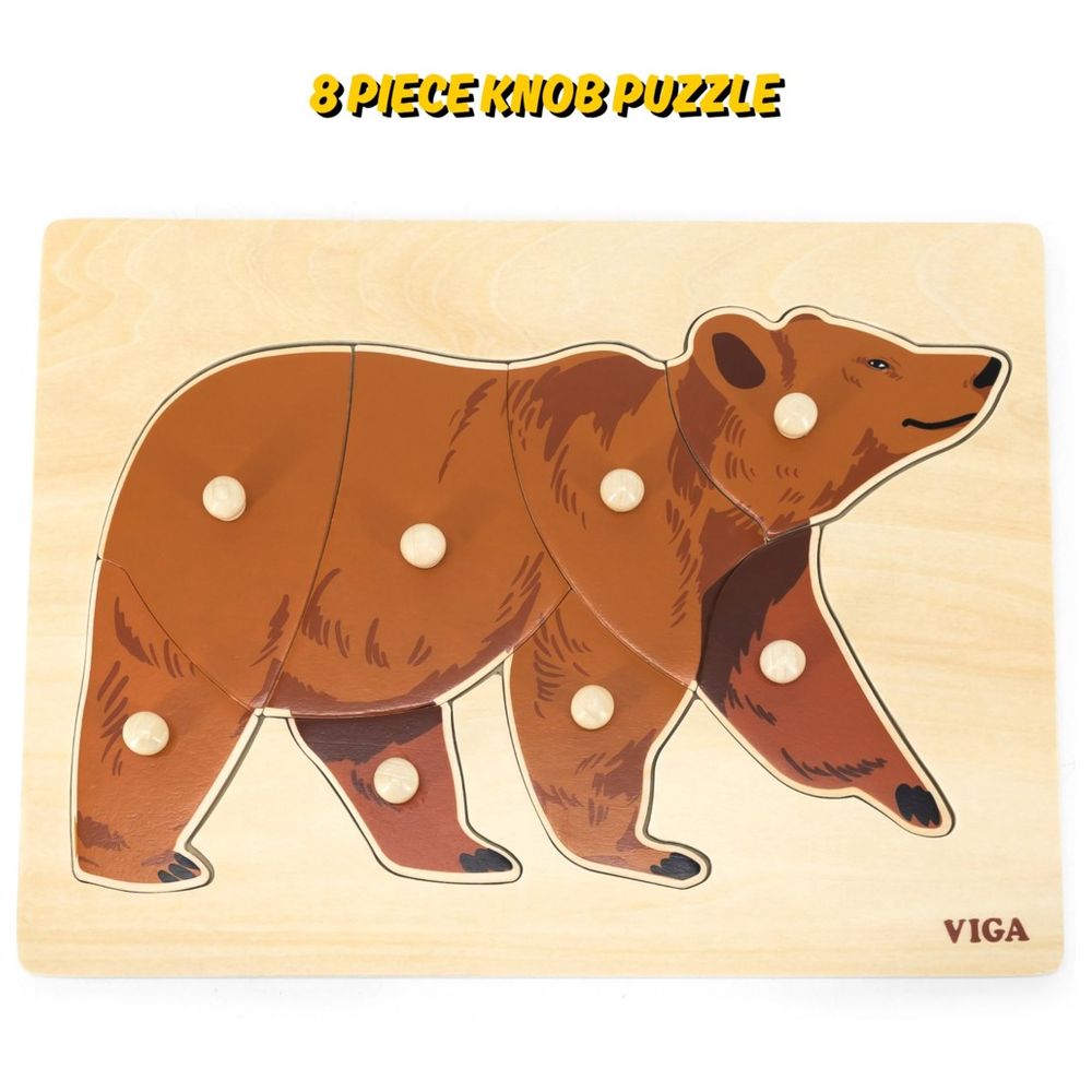 Viga - Bear Wild Animals Knob Puzzle Montessori Wooden Toy Develops Skills - 8pcs
