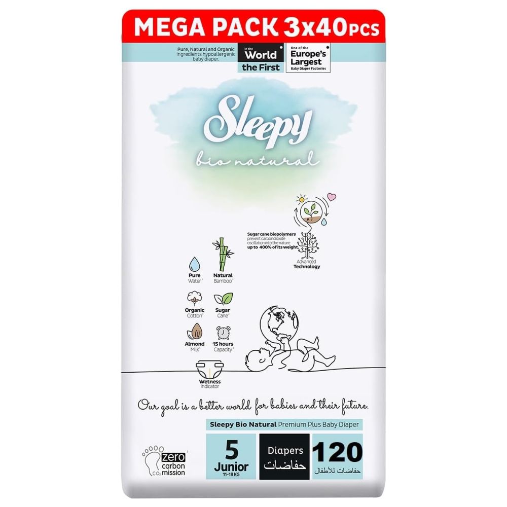Sleepy - Bio Natural Premium Diapers - Size 5 - 11-18 Kg - 120 Count