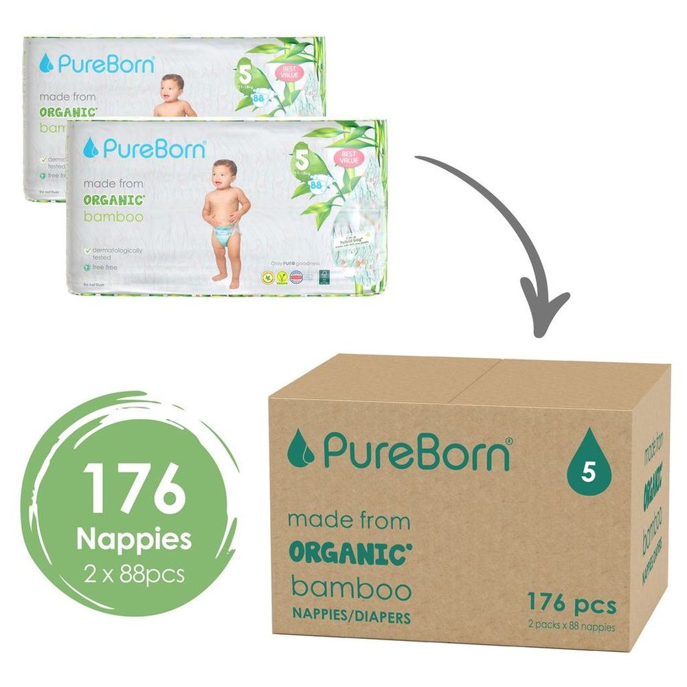 Pureborn Size 5 Master Pack 11-18kg Nappy 88's Pack of 2 - Design May Vary