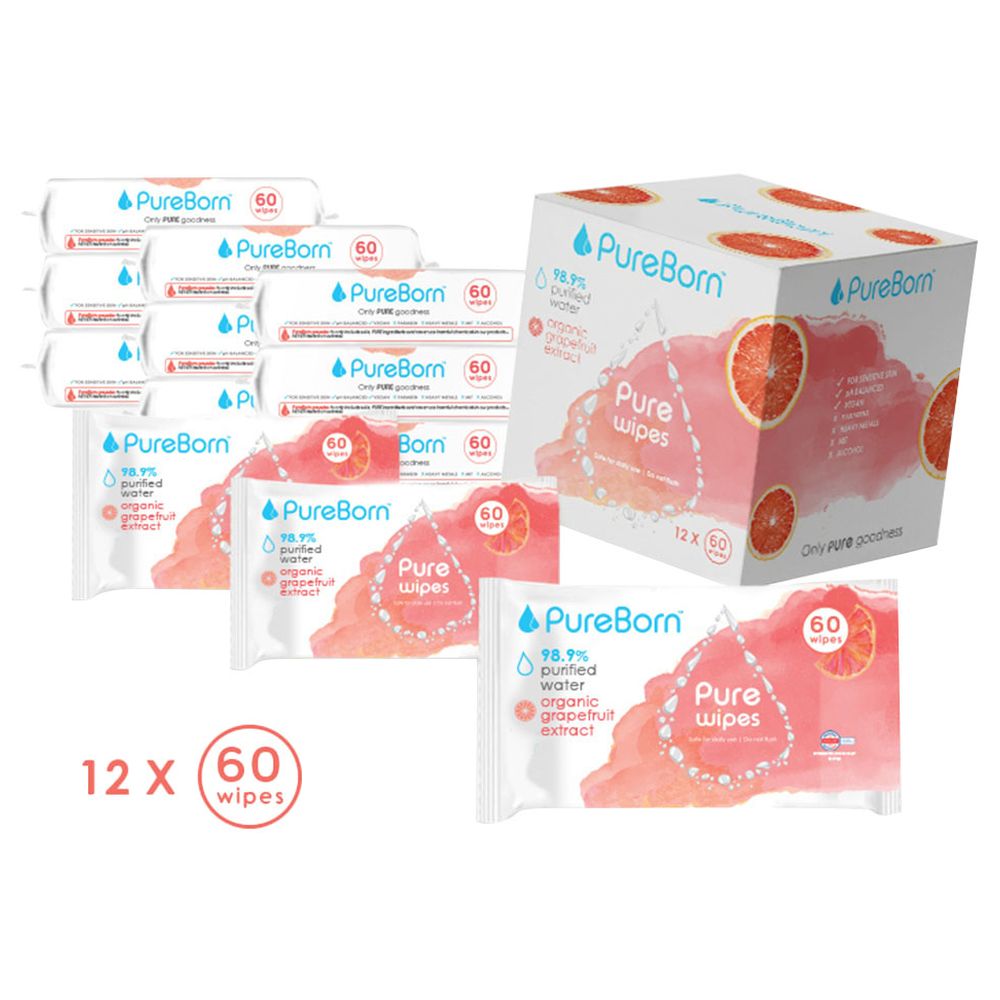 Pureborn Pure Wipes Grapefruit 60's x 12 Bundle (720pcs) Assorted