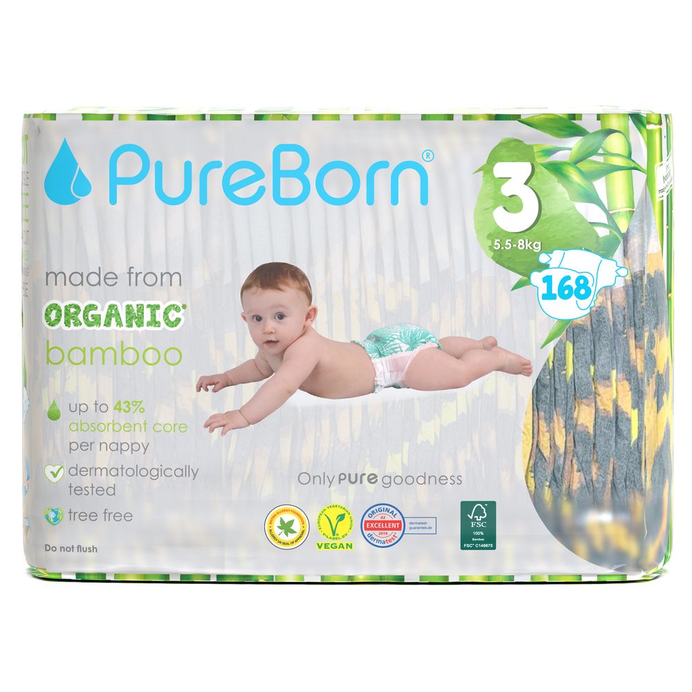 Pure Born - Size 3 Singles 5.5-8kg 28 Nappy 1 x 6 Bundle - Assorted