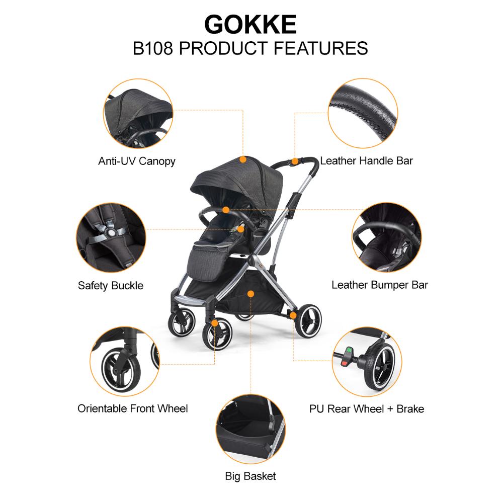 Gokke - Reversible Baby Stroller with Chrome Frame B108BL - Black