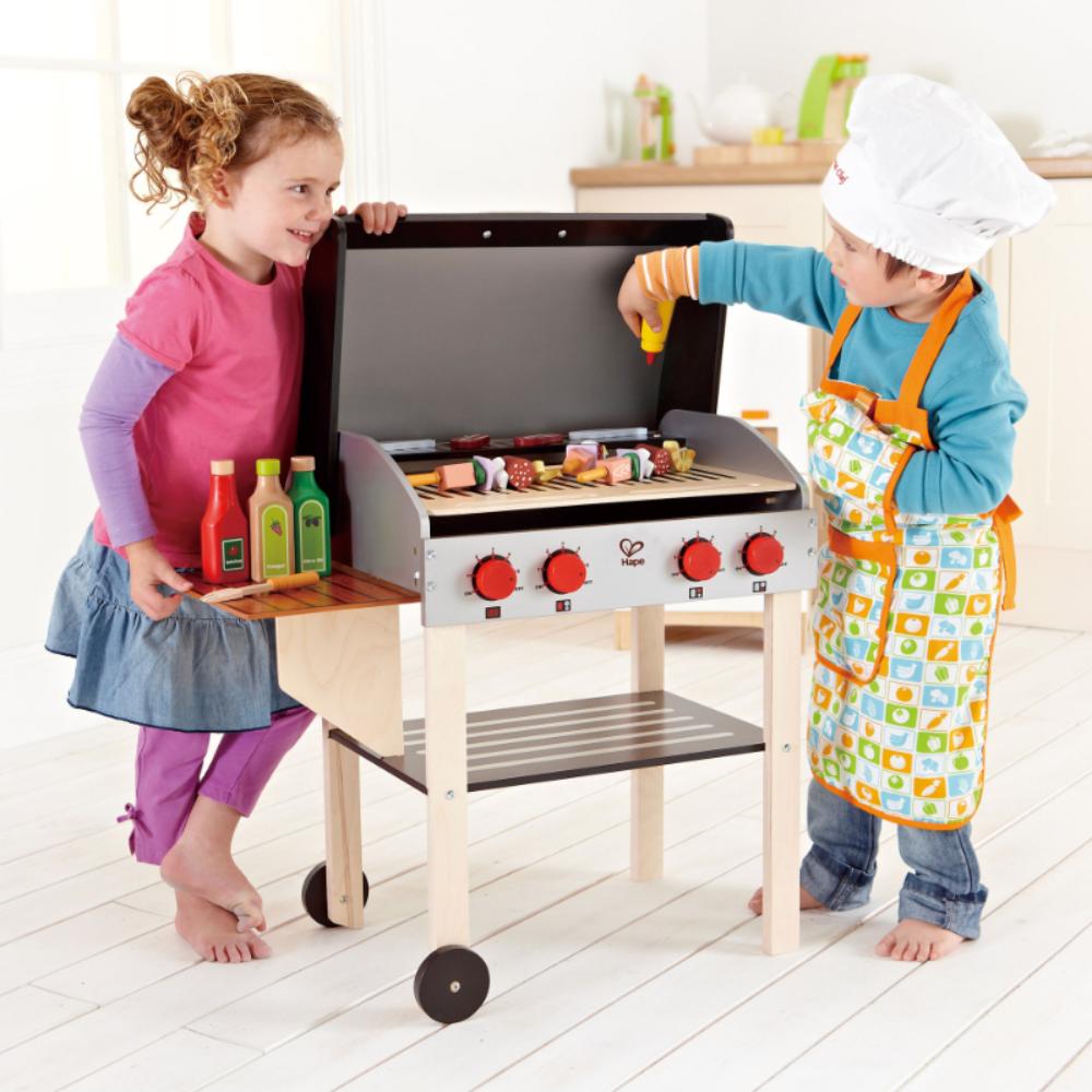 Hape - Wooden Gourmet Grill With Food 22pcs BBQ and Shish Kabab Kitchen Playset
