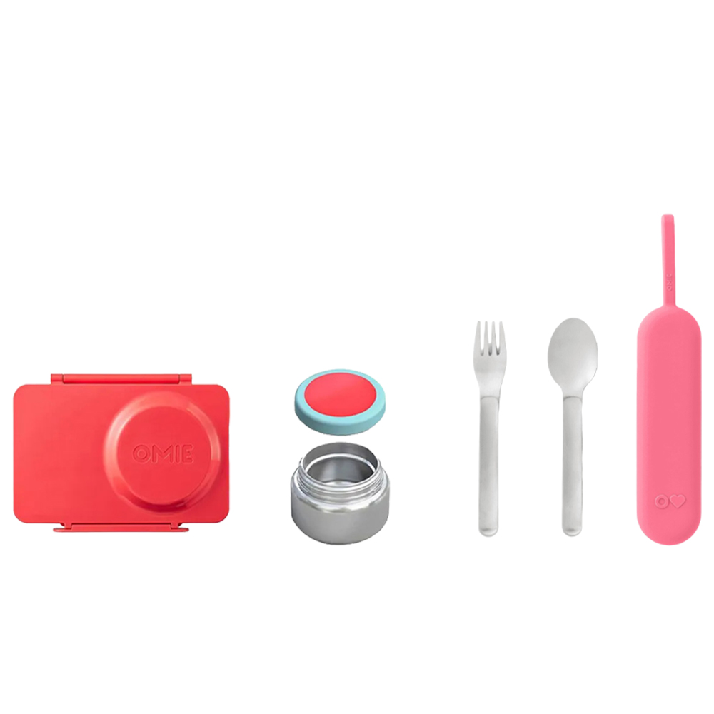 OmieBox - 2 Compartment Bento Box With Thermos, Ice Pack And Utensil Set - Pink -  6 Pcs