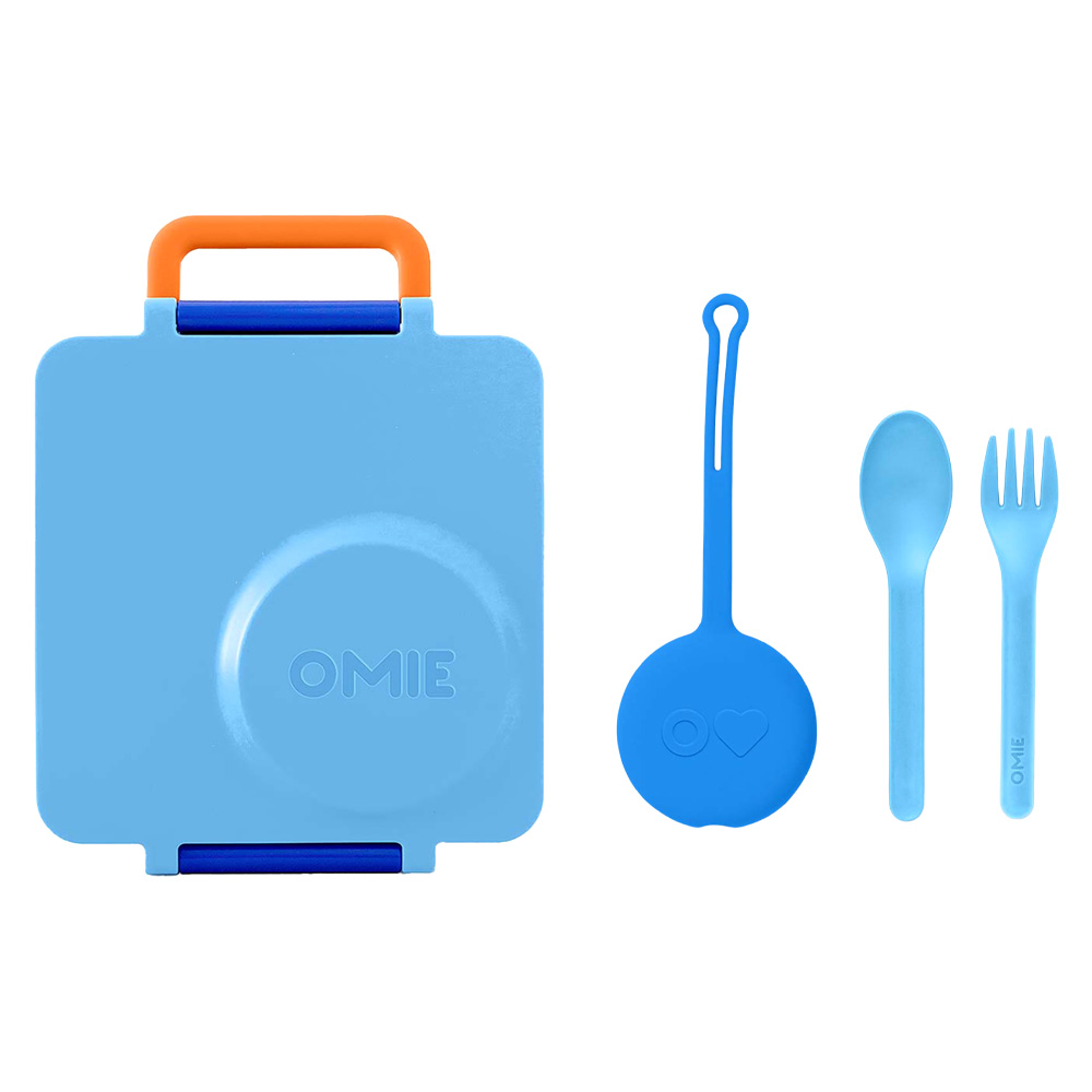 OmieBox - 3 Compartments Bento Box With Insulated Thermos, Utensil & Holder Set - Blue - 4 Pcs