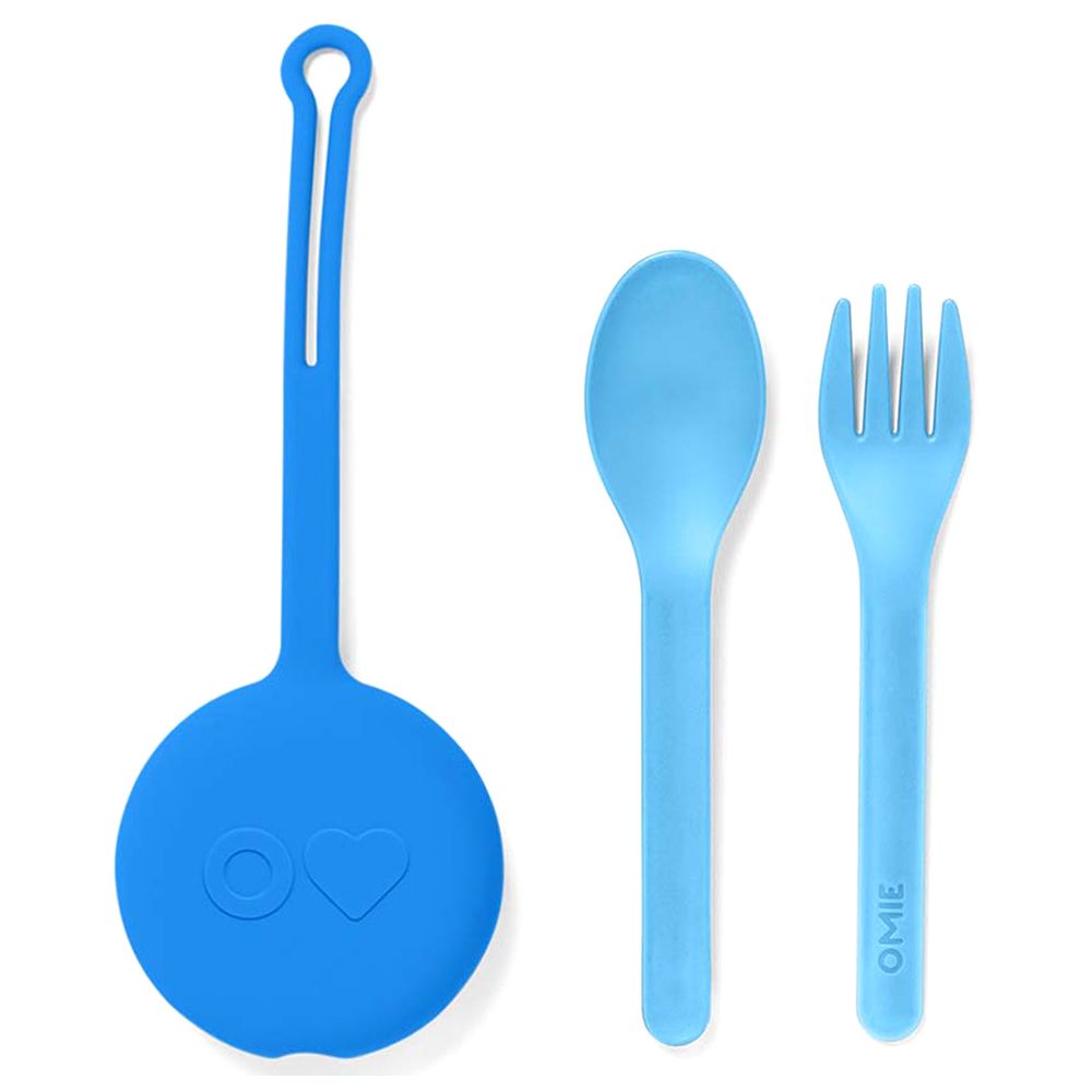 OmieBox - 3 Compartments Bento Box With Insulated Thermos, Utensil & Holder Set - Blue - 4 Pcs