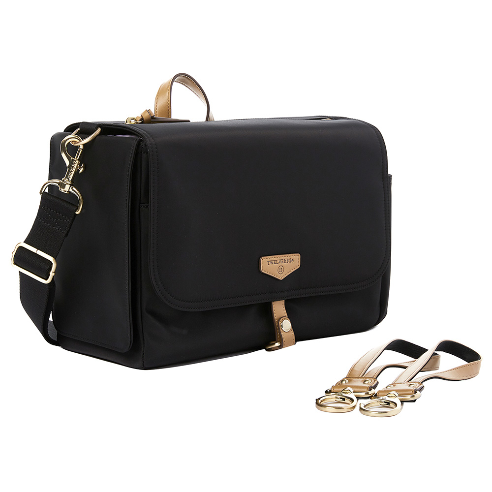 TWELVElittle - Stroller Diaper Bag Caddy With Free Stroller Clips And Changing Mat - Black/Tan