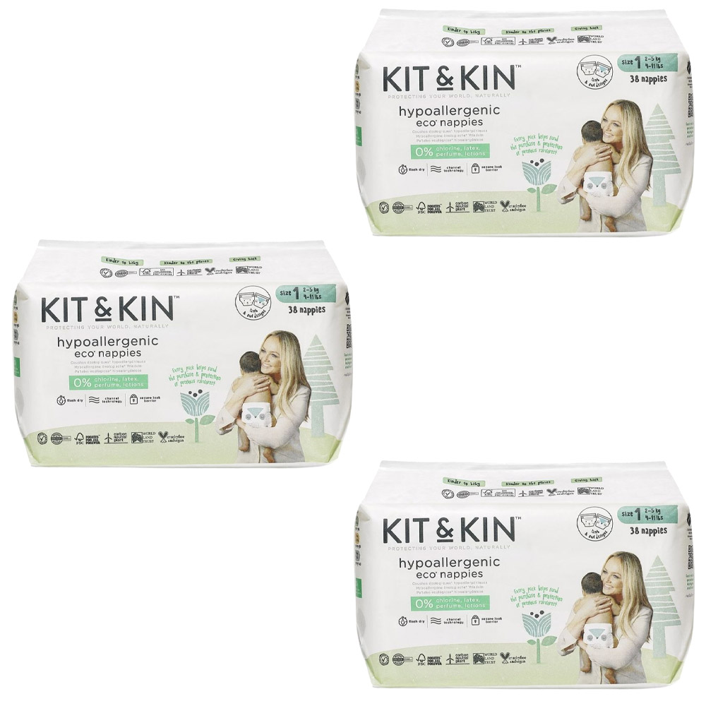 Kit & Kin - Eco Diapers - Size 1 - 2-5 kg - Pack of 3 - 114 Diapers