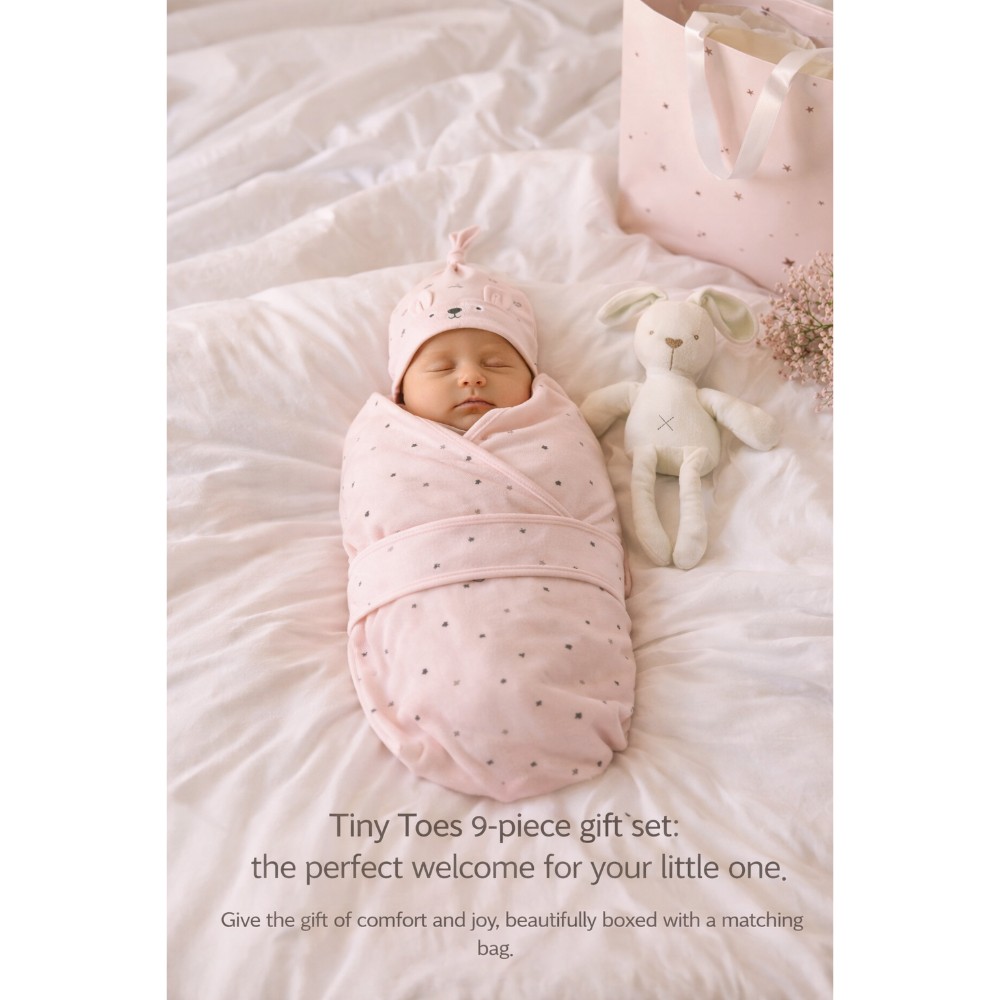Tiny Toes - 100% Cotton Newborn Gift Set - Pink Star - 9 Pcs