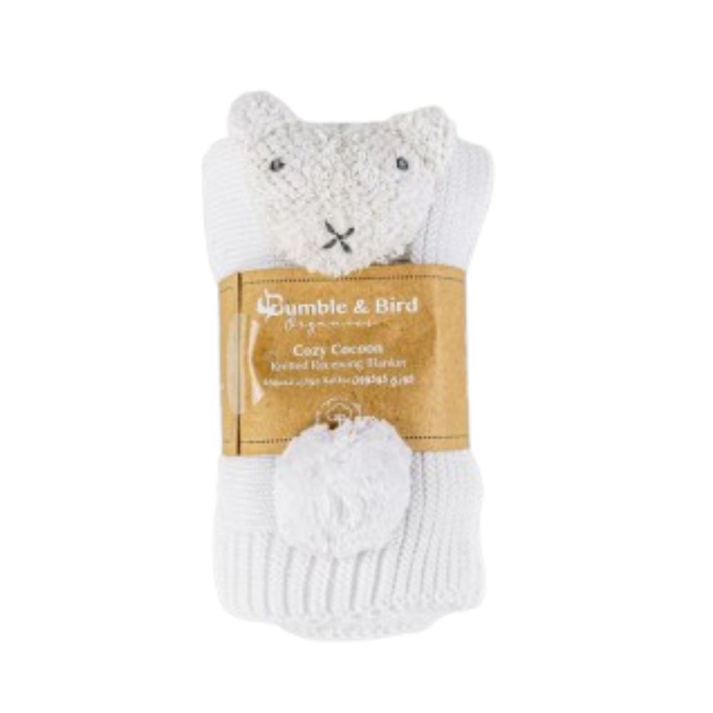 Bumble & Bird - Cozy Cocoon Knitted Blanket With Rattle - White