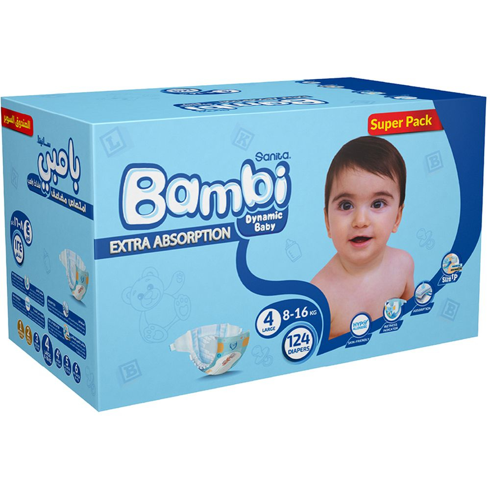 Sanita Bambi - Baby Diapers Super Pack Size 4 Large 8-16 KG 124 Count