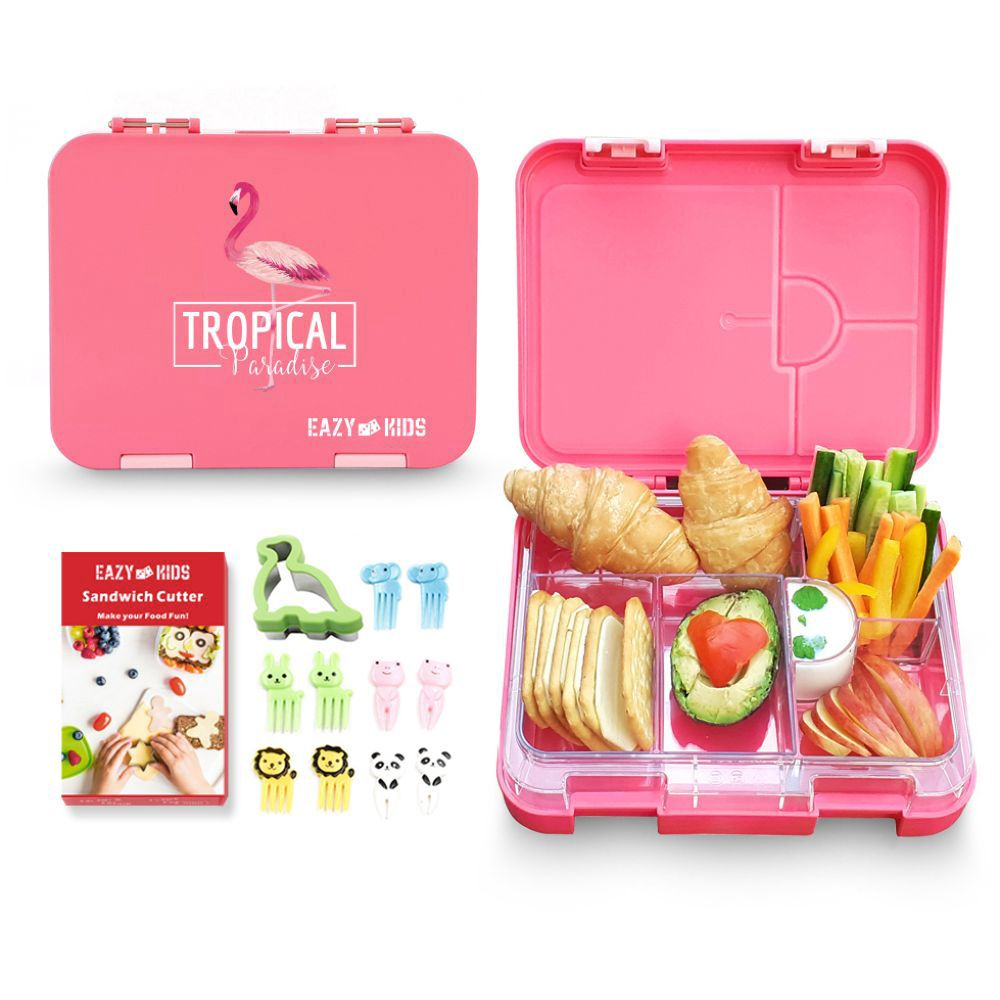 Eazy Kids - 4-6 Convertible Bento Lunch Box with Sandwich Cutter Set Flamingo Pink
