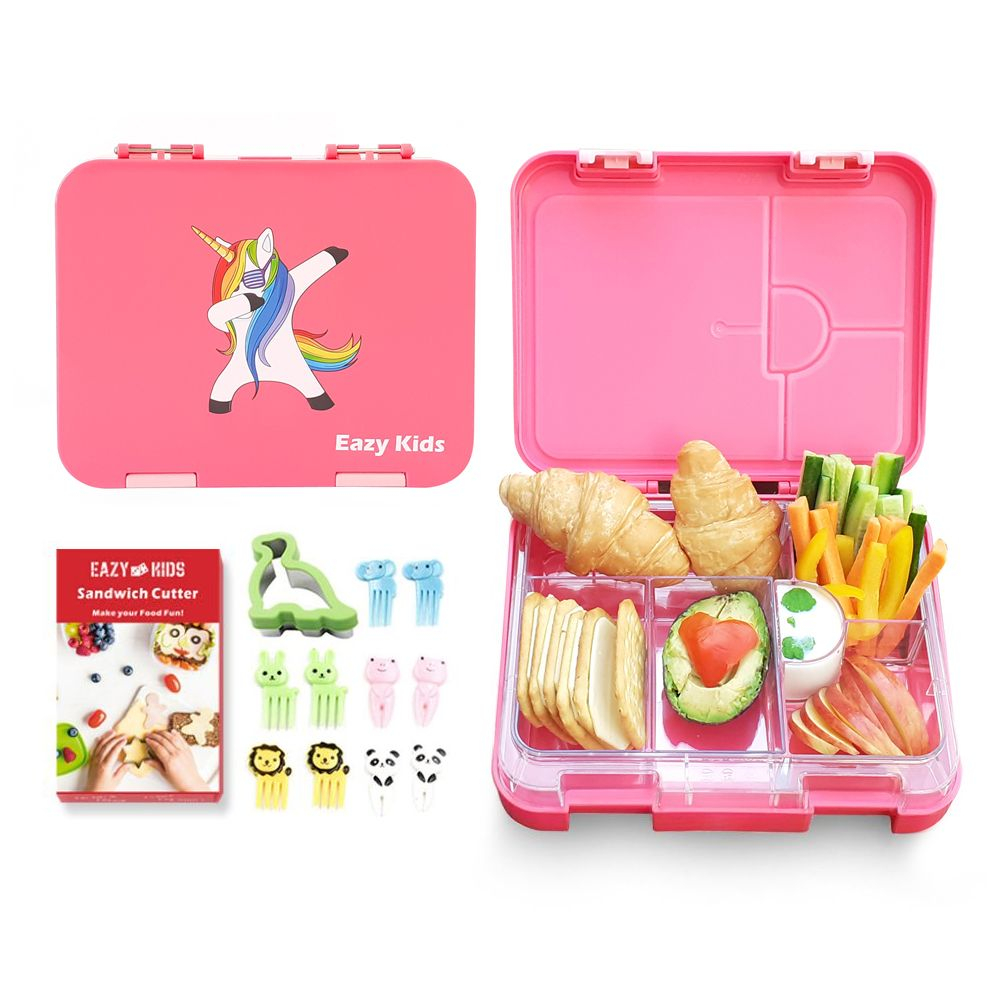 Eazy Kids 6 & 4 Convertible Bento Lunch Box with sandwich cutter- Unicorn Pink
