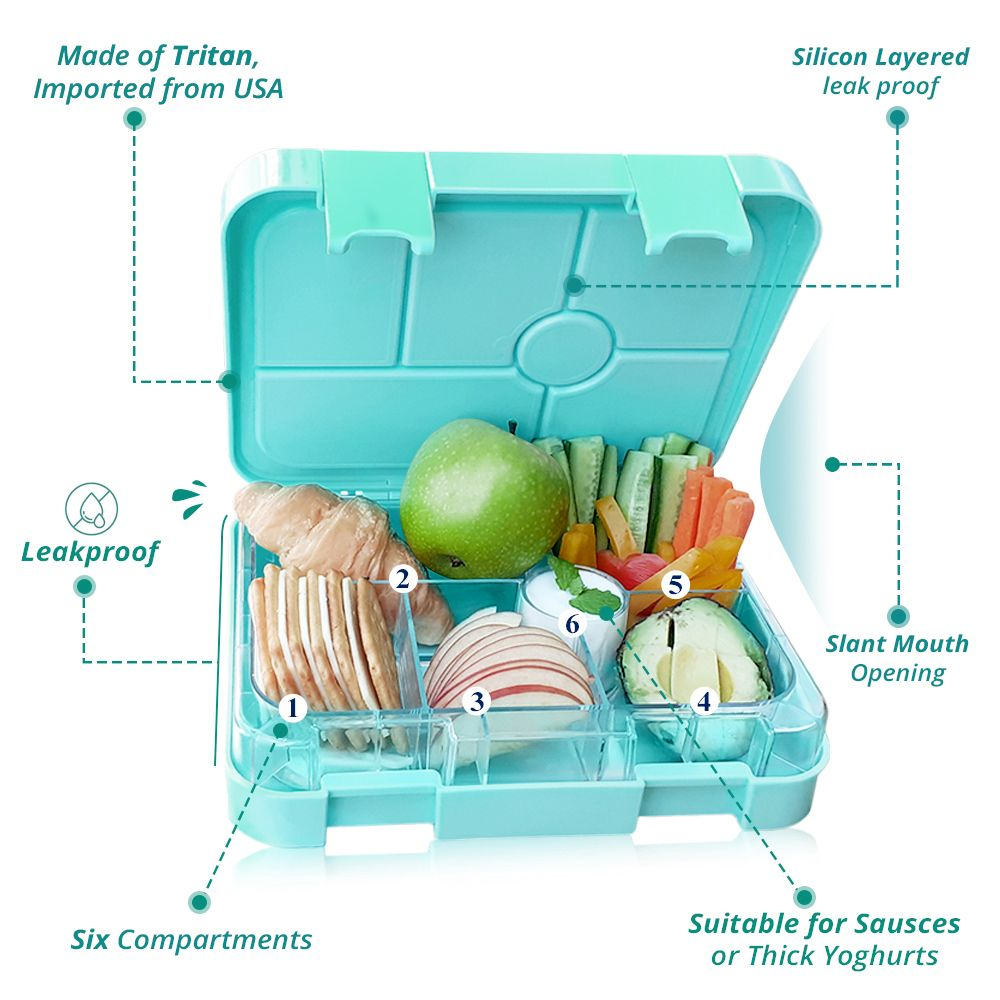 Eazy Kids 6 Compartment Bento Lunch Box with sandwich cutter- Dino Green