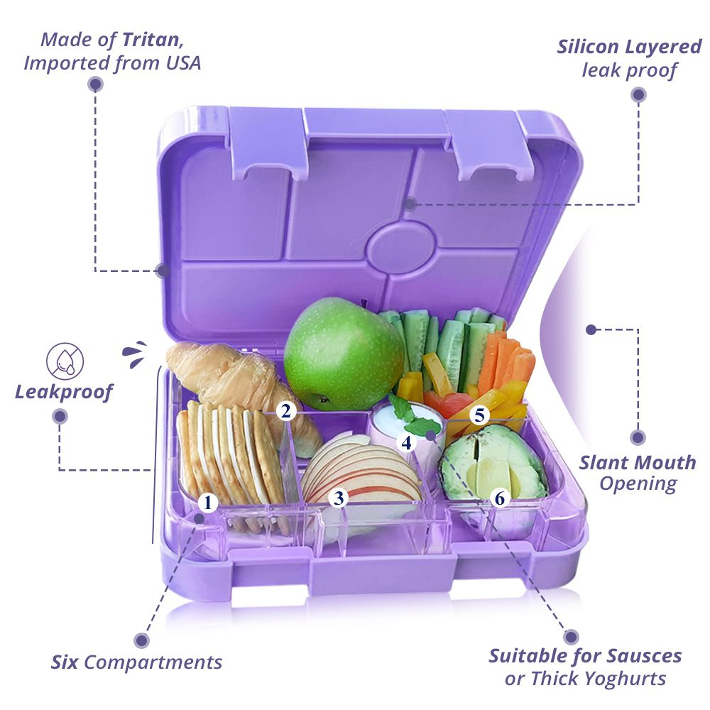 Eazy Kids - 6 Compartment Bento Lunch Box with sandwich cutter- Unicorn Purple