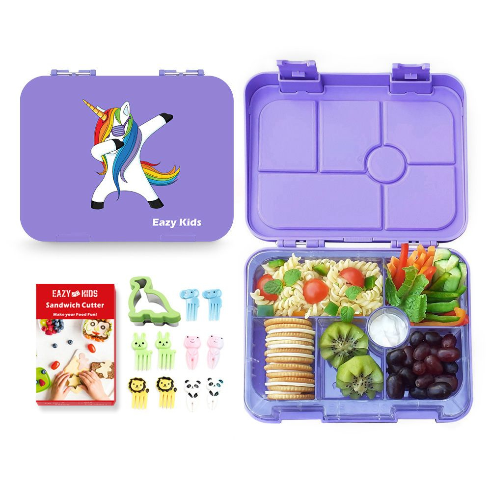 Eazy Kids - 6 Compartment Bento Lunch Box with sandwich cutter- Unicorn Purple